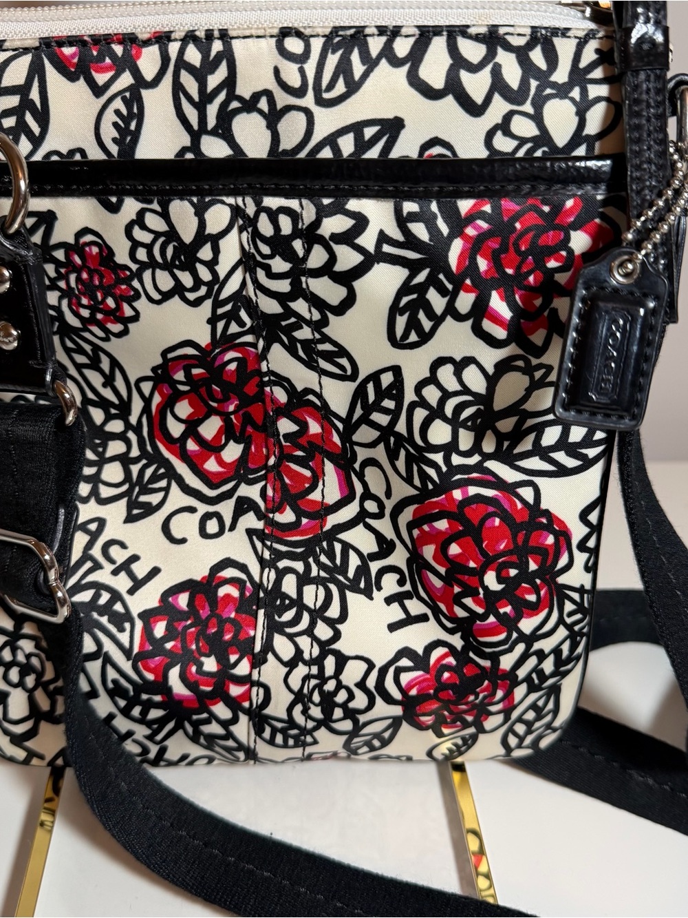 Coach Floral Sateen Crossbody Bag in Ivory, Black & Pink